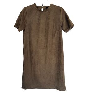 Faux Suede Dark Olive Green Side Zip Short Sleeve Mini Dress Women’s Size Small